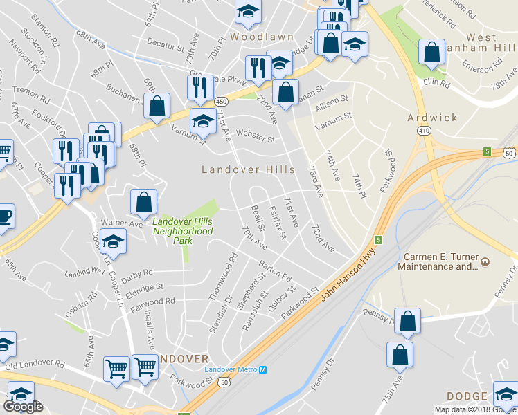 map of restaurants, bars, coffee shops, grocery stores, and more near 4121 Beall Street in Hyattsville