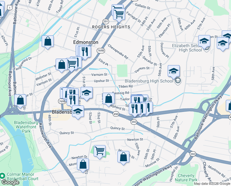 map of restaurants, bars, coffee shops, grocery stores, and more near 54th Street in Bladensburg