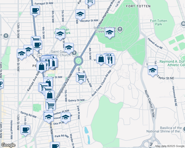 map of restaurants, bars, coffee shops, grocery stores, and more near 4105 4th Street Northwest in Washington