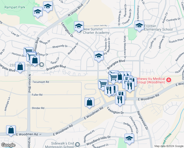 map of restaurants, bars, coffee shops, grocery stores, and more near 7560 Lexington Drive in Colorado Springs