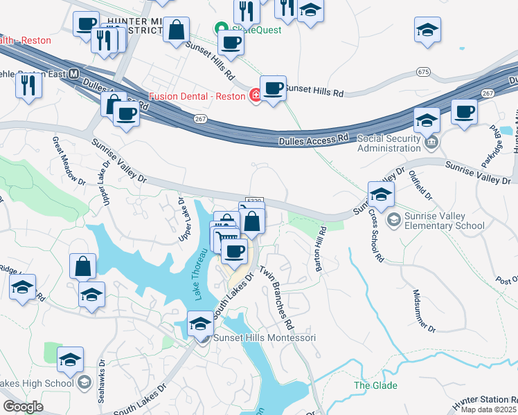 map of restaurants, bars, coffee shops, grocery stores, and more near 1901 Belmont Ridge Court in Reston