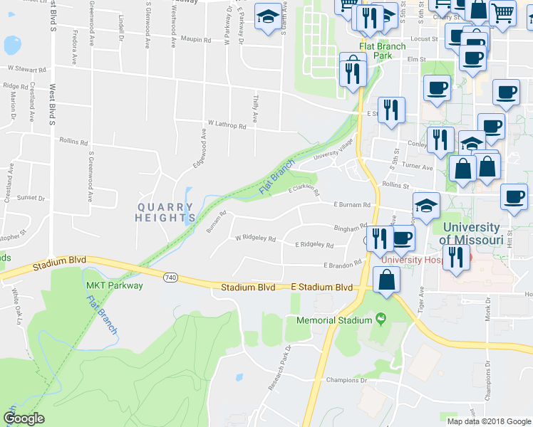 map of restaurants, bars, coffee shops, grocery stores, and more near 109 West Burnam Road in Columbia