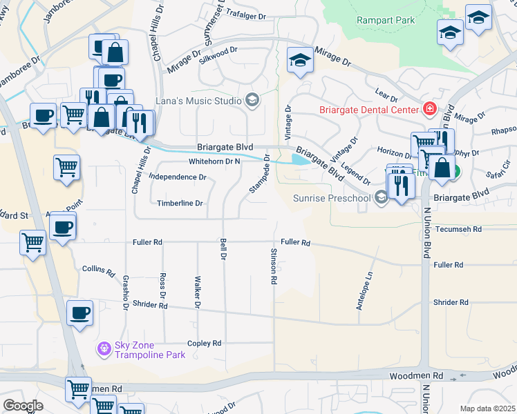 map of restaurants, bars, coffee shops, grocery stores, and more near 2145 Berthoud Court in Colorado Springs