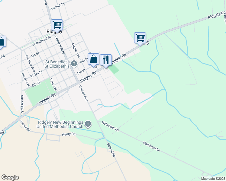 map of restaurants, bars, coffee shops, grocery stores, and more near 4 8th Street in Ridgely