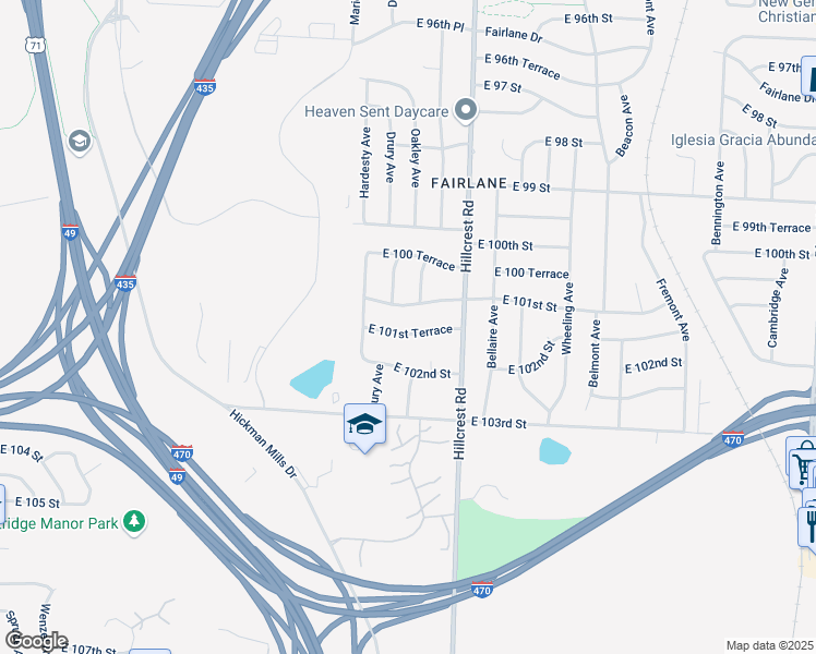 map of restaurants, bars, coffee shops, grocery stores, and more near 5632 East 101st Terrace in Kansas City