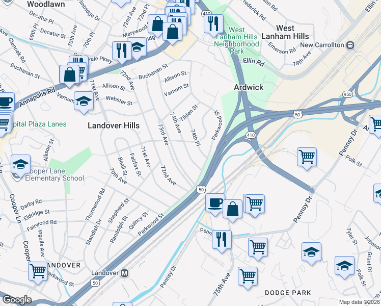 map of restaurants, bars, coffee shops, grocery stores, and more near 4005 74th Avenue in Hyattsville