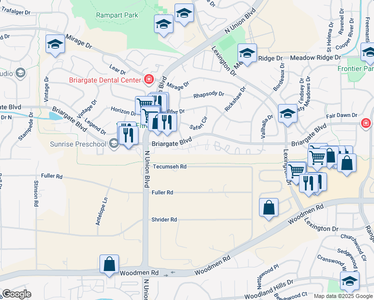 map of restaurants, bars, coffee shops, grocery stores, and more near 7410 Lomas Court in Colorado Springs