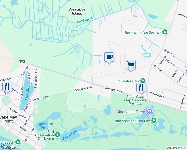 map of restaurants, bars, coffee shops, grocery stores, and more near 3 Pond Creek la in West Cape May