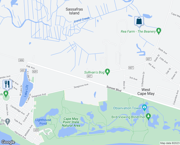 map of restaurants, bars, coffee shops, grocery stores, and more near 3 Pond Creek la in West Cape May