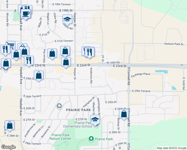 map of restaurants, bars, coffee shops, grocery stores, and more near 2316 Anderson Road in Lawrence