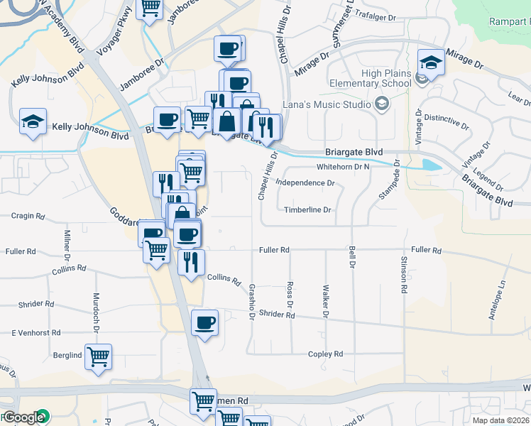 map of restaurants, bars, coffee shops, grocery stores, and more near 1866 Chapel Hills Drive in Colorado Springs