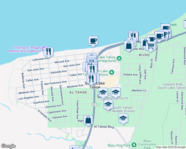 map of restaurants, bars, coffee shops, grocery stores, and more near 3101 Harrison Ave in South Lake Tahoe