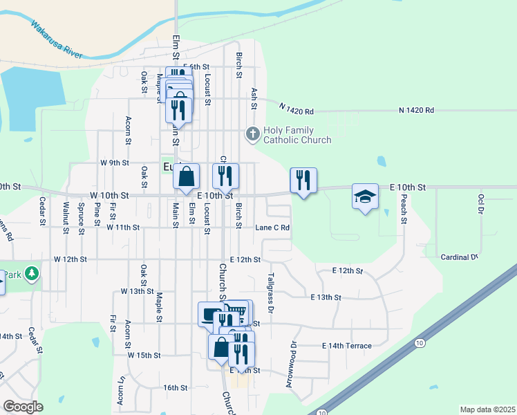 map of restaurants, bars, coffee shops, grocery stores, and more near 1010 Ash Street in Eudora