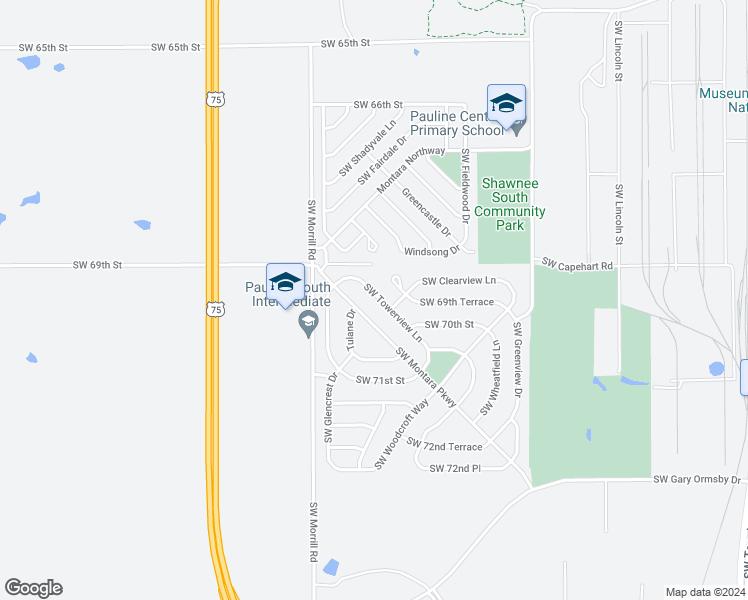 map of restaurants, bars, coffee shops, grocery stores, and more near 6931 Southwest Towerview Lane in Topeka