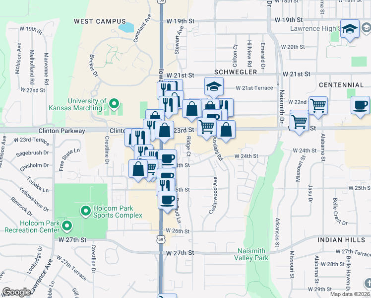 map of restaurants, bars, coffee shops, grocery stores, and more near 2333 Ridge Court in Lawrence