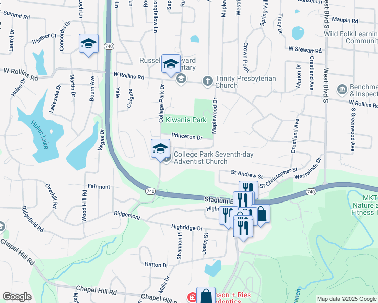 map of restaurants, bars, coffee shops, grocery stores, and more near 1702 Stanford Drive in Columbia