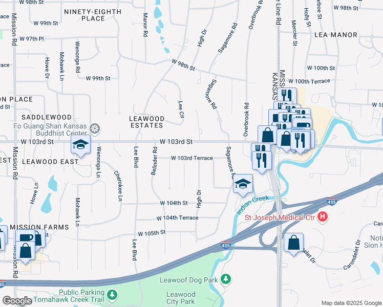 map of restaurants, bars, coffee shops, grocery stores, and more near 2304 West 103rd Terrace in Leawood