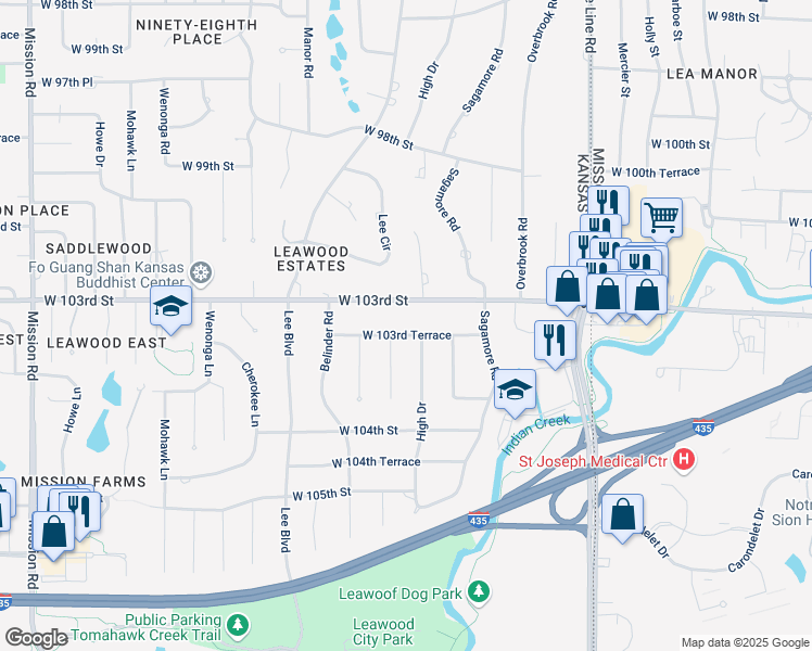 map of restaurants, bars, coffee shops, grocery stores, and more near 2304 West 103rd Terrace in Leawood