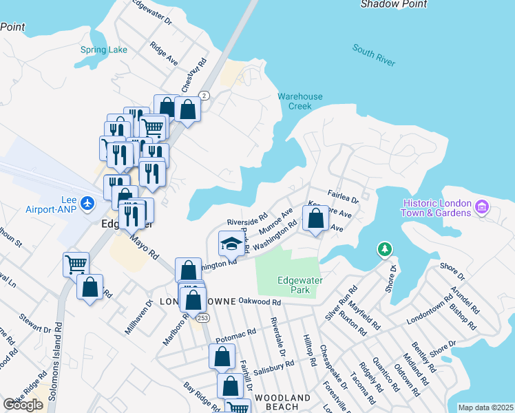 map of restaurants, bars, coffee shops, grocery stores, and more near 216 Riverside Road in Edgewater