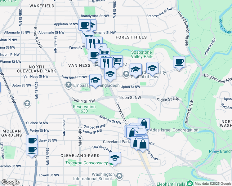 map of restaurants, bars, coffee shops, grocery stores, and more near 4007 Connecticut Avenue Northwest in Washington