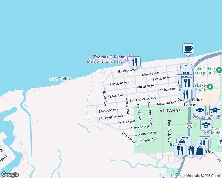 map of restaurants, bars, coffee shops, grocery stores, and more near 3130 Berkeley Avenue in South Lake Tahoe