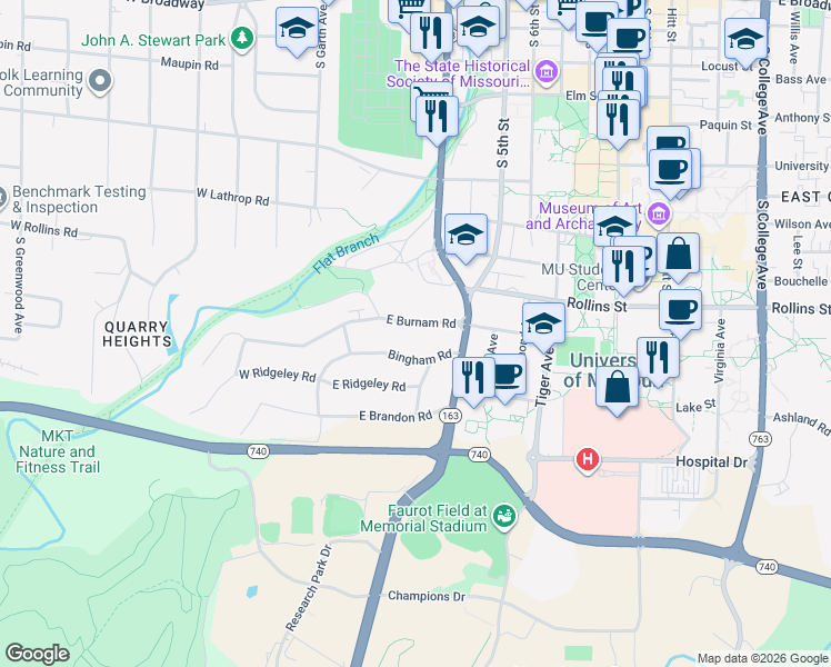 map of restaurants, bars, coffee shops, grocery stores, and more near 206 East Burnam Road in Columbia