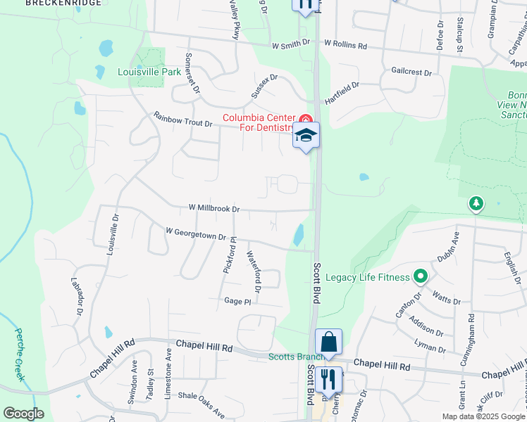 map of restaurants, bars, coffee shops, grocery stores, and more near 4361 West Millbrook Drive in Columbia