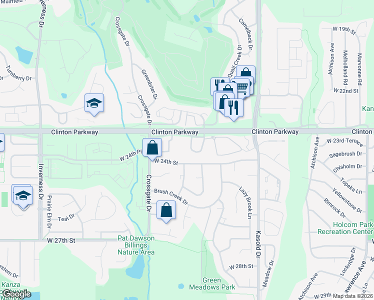 map of restaurants, bars, coffee shops, grocery stores, and more near 3705 Clinton Parkway in Lawrence