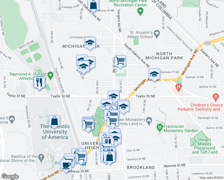 map of restaurants, bars, coffee shops, grocery stores, and more near 4212 12th Street Northeast in Washington