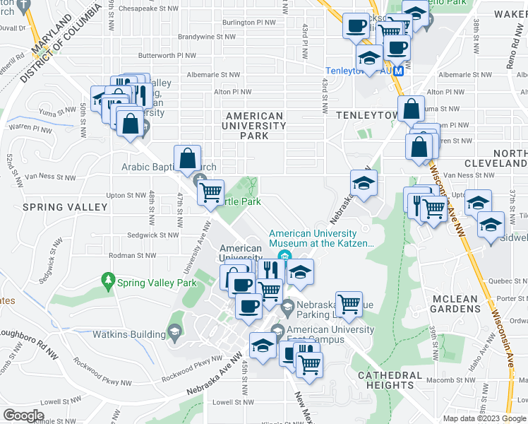 map of restaurants, bars, coffee shops, grocery stores, and more near 4448 Springdale Street Northwest in Washington