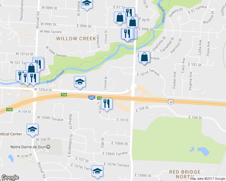 map of restaurants, bars, coffee shops, grocery stores, and more near 10265 CedarBrooke Lane in Kansas City
