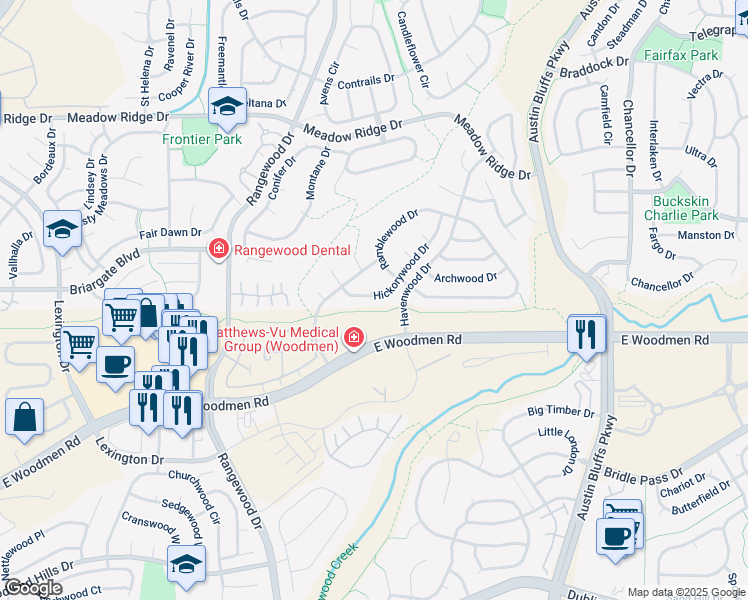 map of restaurants, bars, coffee shops, grocery stores, and more near 7533 Hickorywood Drive in Colorado Springs