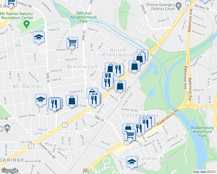 map of restaurants, bars, coffee shops, grocery stores, and more near 4308 Rhode Island Avenue in Brentwood
