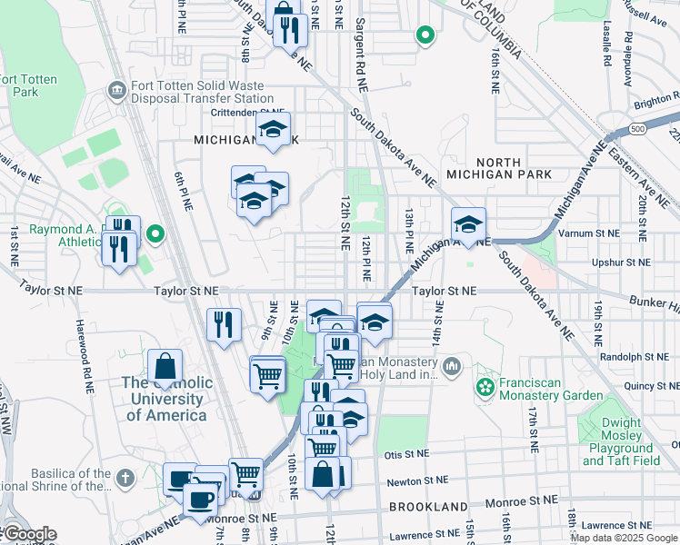 map of restaurants, bars, coffee shops, grocery stores, and more near 4212 12th Street Northeast in Washington