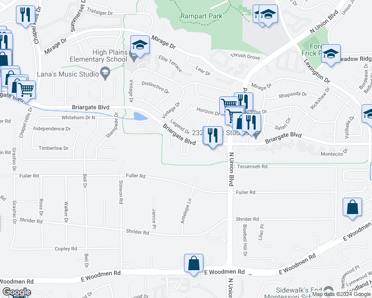 map of restaurants, bars, coffee shops, grocery stores, and more near 2662 Bannister Court in Colorado Springs
