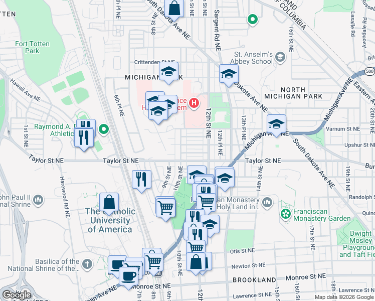 map of restaurants, bars, coffee shops, grocery stores, and more near 1000 Taussig Place Northeast in Washington