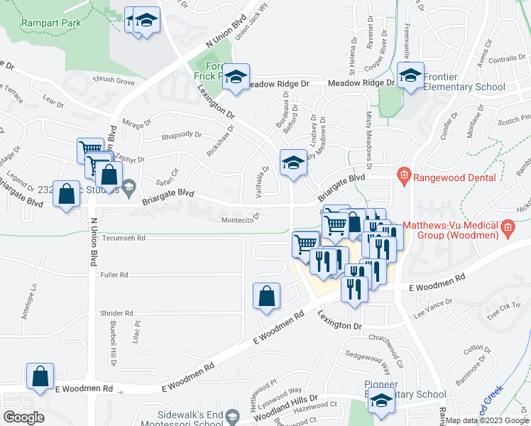 map of restaurants, bars, coffee shops, grocery stores, and more near 3355 Mexico Court in Colorado Springs