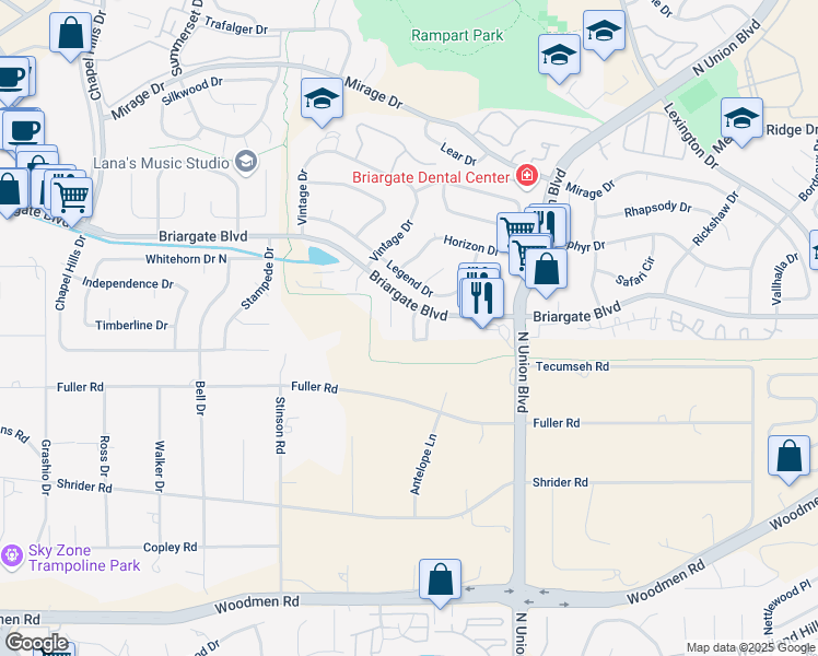map of restaurants, bars, coffee shops, grocery stores, and more near 2639 Bannister Court in Colorado Springs
