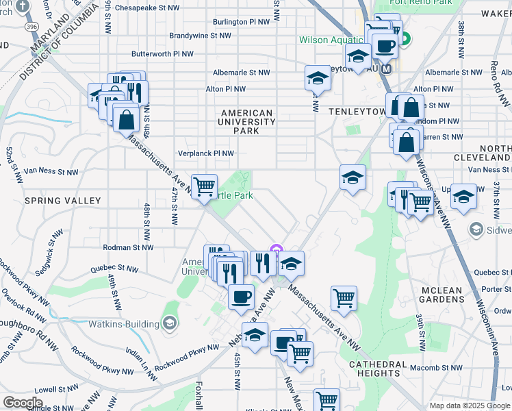 map of restaurants, bars, coffee shops, grocery stores, and more near 4448 Springdale Street Northwest in Washington