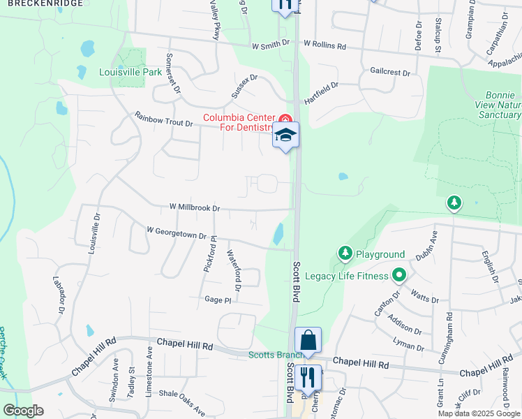 map of restaurants, bars, coffee shops, grocery stores, and more near 4393 West Millbrook Drive in Columbia