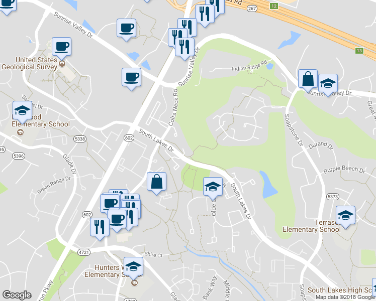 map of restaurants, bars, coffee shops, grocery stores, and more near 11862 South Lakes Court in Reston