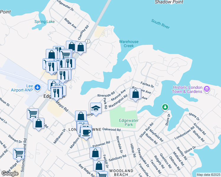 map of restaurants, bars, coffee shops, grocery stores, and more near 216 Riverside Road in Edgewater