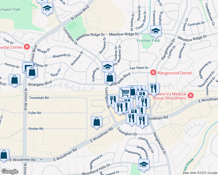 map of restaurants, bars, coffee shops, grocery stores, and more near 3455 Briargate Boulevard in Colorado Springs