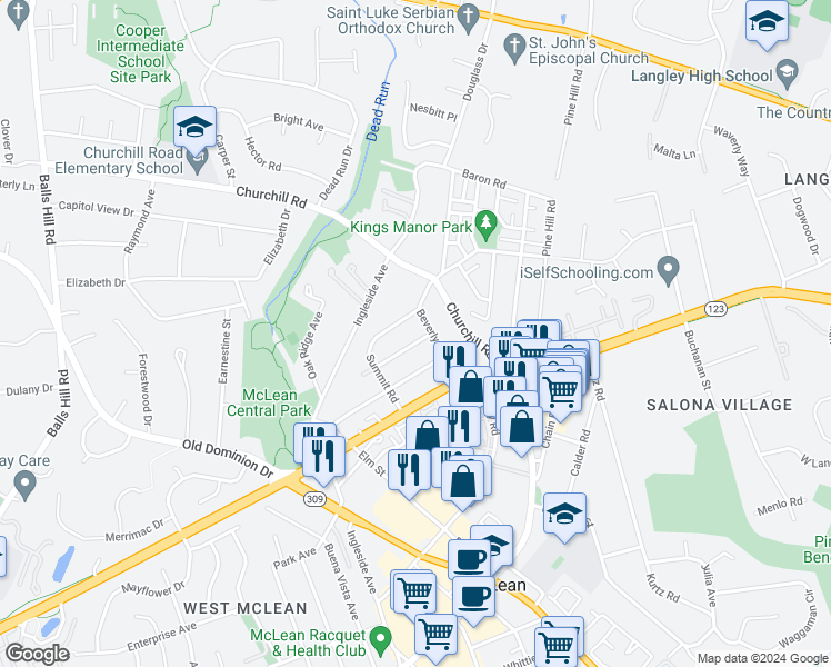 map of restaurants, bars, coffee shops, grocery stores, and more near 6838 Saint Albans Road in McLean