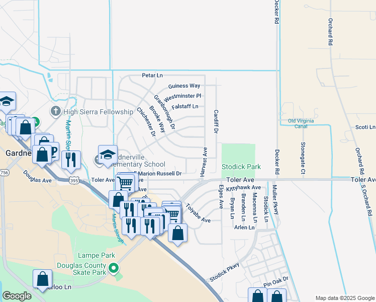 map of restaurants, bars, coffee shops, grocery stores, and more near 1373 Brooke Way in Gardnerville