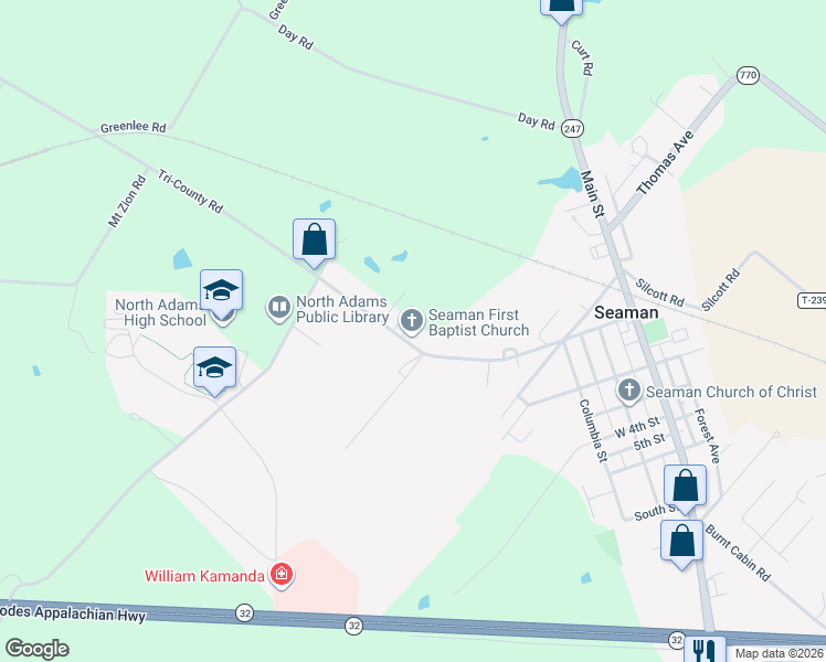 map of restaurants, bars, coffee shops, grocery stores, and more near 6440 Tri-County Road in Seaman