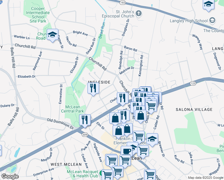 map of restaurants, bars, coffee shops, grocery stores, and more near 6838 Saint Albans Road in McLean