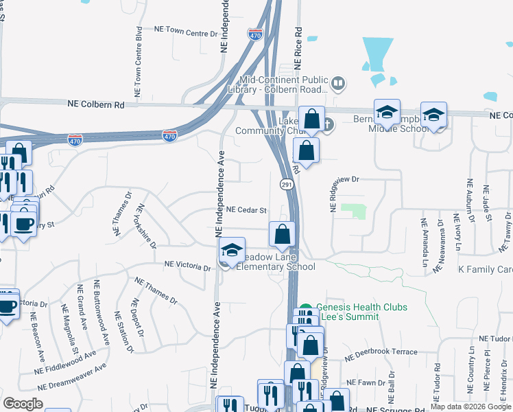 map of restaurants, bars, coffee shops, grocery stores, and more near 814 Northeast Cedar Street in Lee's Summit
