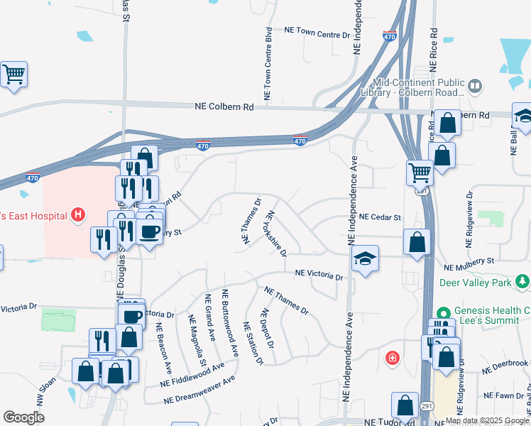 map of restaurants, bars, coffee shops, grocery stores, and more near 1616 Northeast Yorkshire Drive in Lee's Summit
