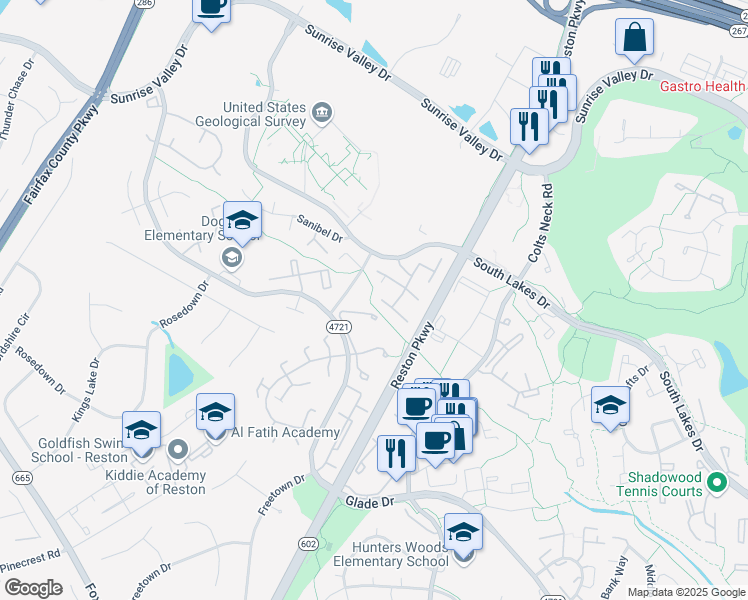 map of restaurants, bars, coffee shops, grocery stores, and more near 2406 Southgate Square in Reston